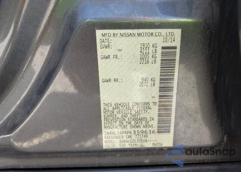 2015 Nissan Altima 2.5/2.5 S/2.5 Sl/2.5 Sv из США, поврежденный, VIN 1N4AL3AP4FN359636